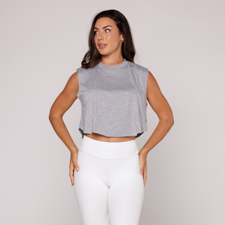 Cropped Arredondado Fitness Viscolycra Academia Cinza Mescla
