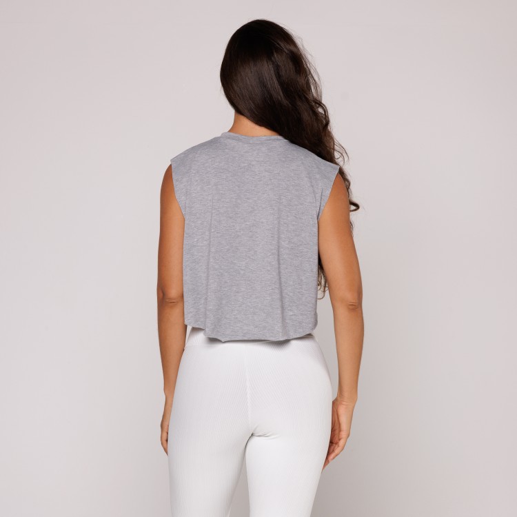 Cropped Arredondado Fitness Viscolycra Academia Cinza Mescla