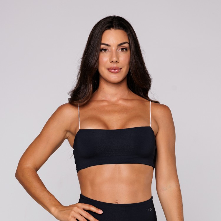 Top Faixa Feminino de Poliamida Preto com Detalhe de Alça Branca