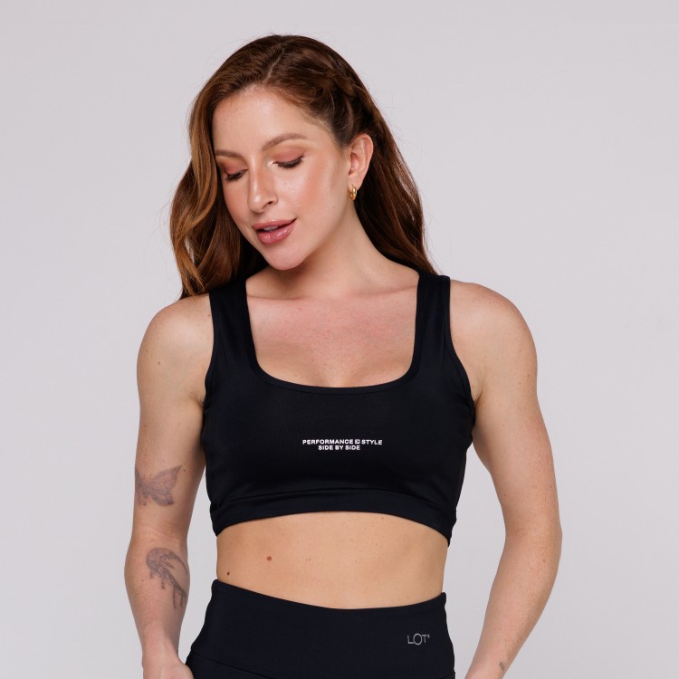 Top Academia Feminino Estampado Costas Aberta Poliamida Preto