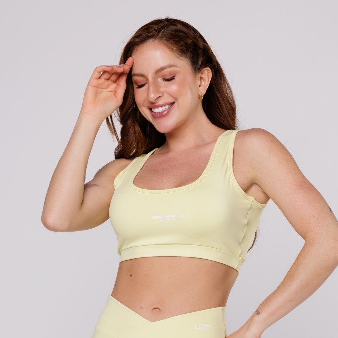 Top Academia Feminino Costas Aberta Poliamida Amarelo Bebê
