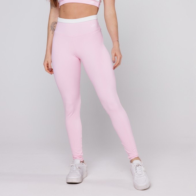 Calça Legging Rosa Bebê com cós Branco Fitness Poliamida