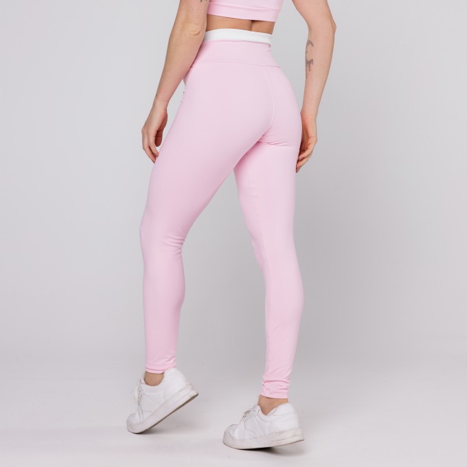 Calça Legging Rosa Bebê com cós Branco Fitness Poliamida