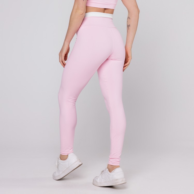 Calça Legging Rosa Bebê com cós Branco Fitness Poliamida