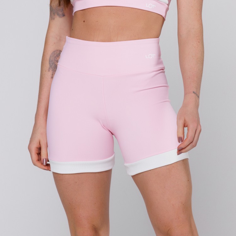 Short Rosa Bebê com Recorte Branco Fitness Poliamida