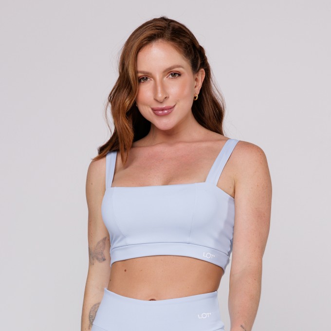 Top Academia Fitness Feminino Poliamida Azul Bebê Decote Quadrado