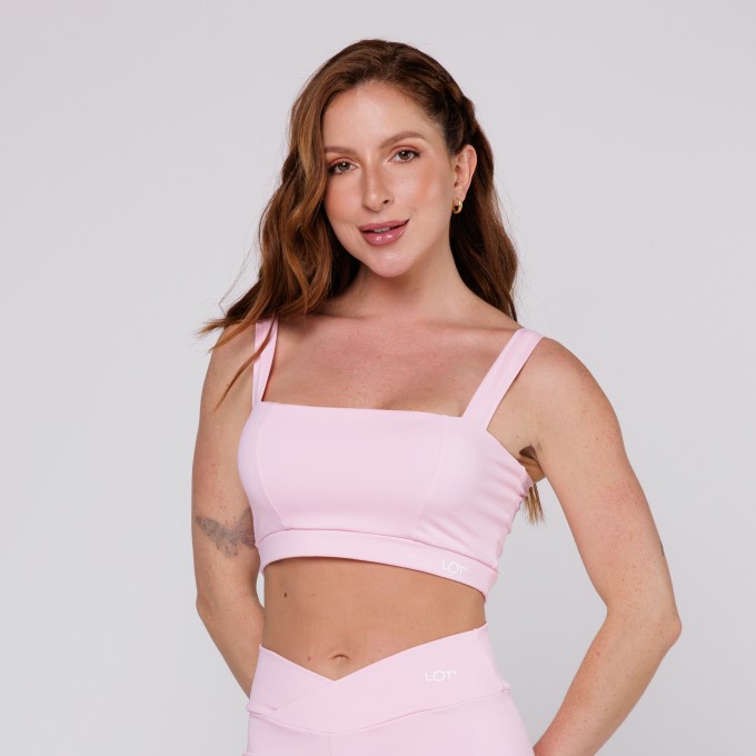 Top Academia Fitness Feminino Poliamida Rosa Bebê Decote Quadrado