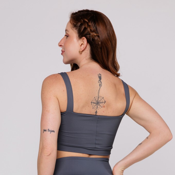Top Academia Fitness Feminino Poliamida Cinza Decote Quadrado