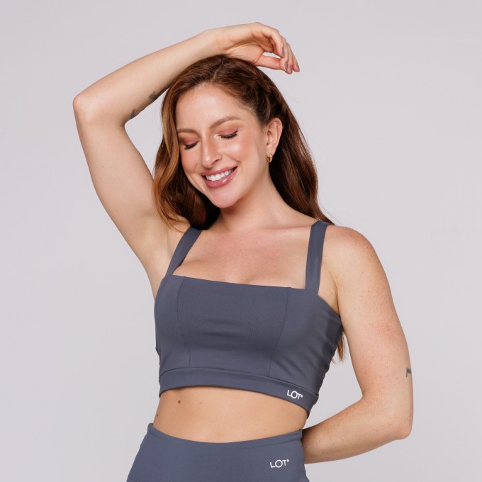 Top Academia Fitness Feminino Poliamida Cinza Decote Quadrado