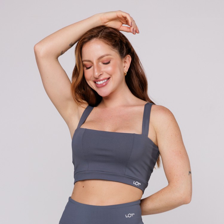 Top Academia Fitness Feminino Poliamida Cinza Decote Quadrado