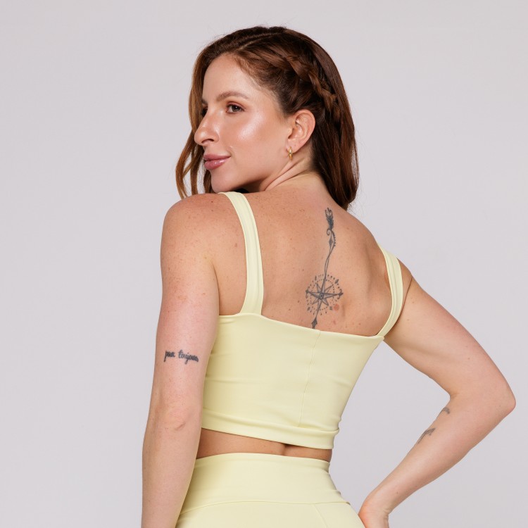 Top Fitness Feminino Poliamida Amarelo Bebê Decote Quadrado