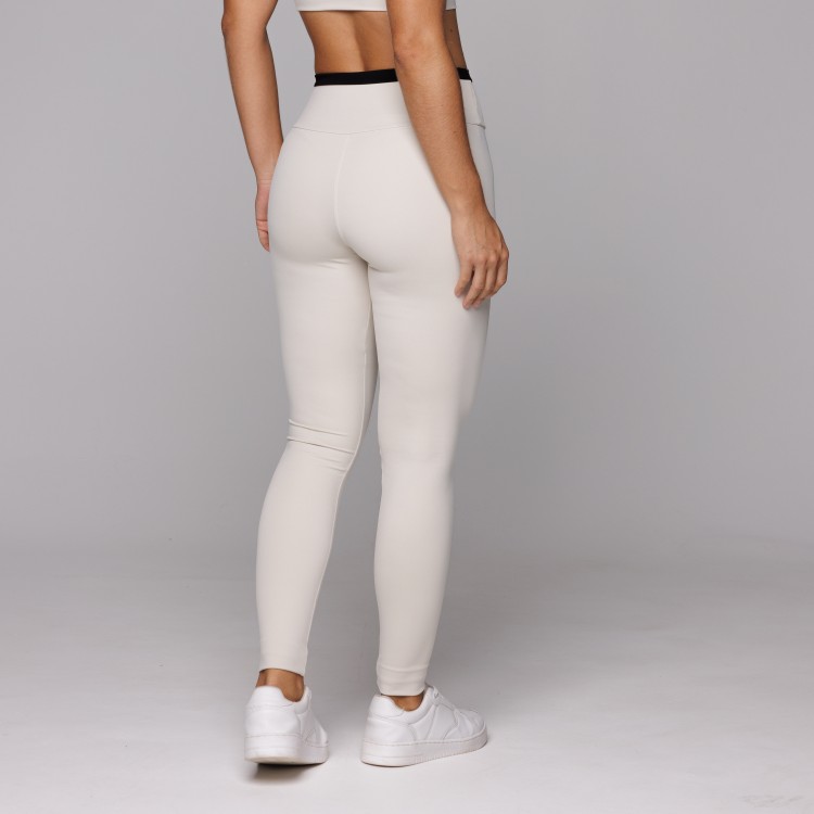 Legging Academia Fitness Poliamida Areia com Detalhe Preto Cós Duplo