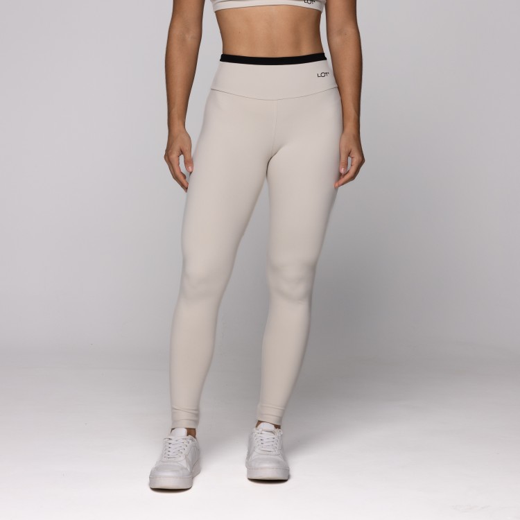 Legging Academia Fitness Poliamida Areia com Detalhe Preto Cós Duplo
