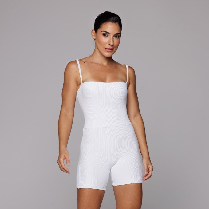 Macaquinho Poliamida Branco Fitness Feminino Academia de Alcinha