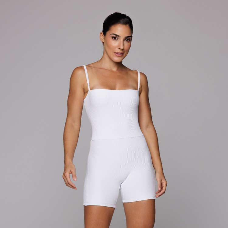 Macaquinho Canelado Branco Fitness Feminino Academia