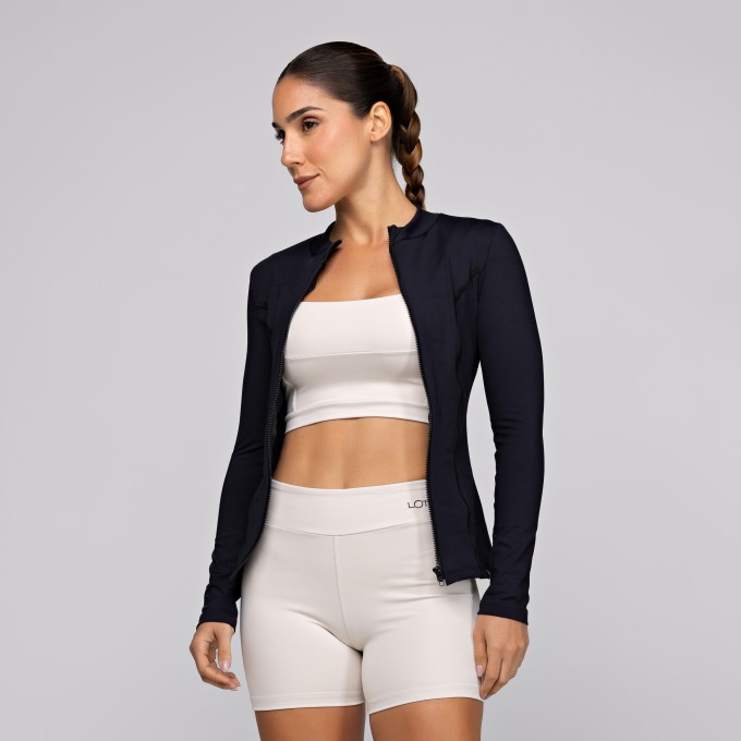 Casaco Feminino Academia Fitness Poliamida Pilates com Zíper Preto