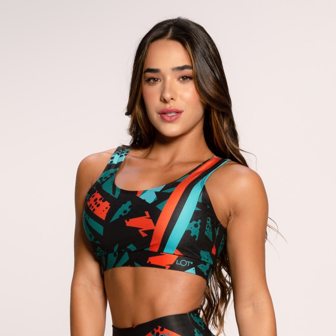 Top Fitness Suplex Estampado Básico Laranja com Azul Abstrato