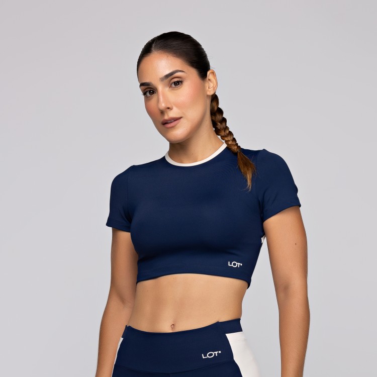 Top Poliamida Costas Aberta Alta Sustentação com Manga Curta Azul