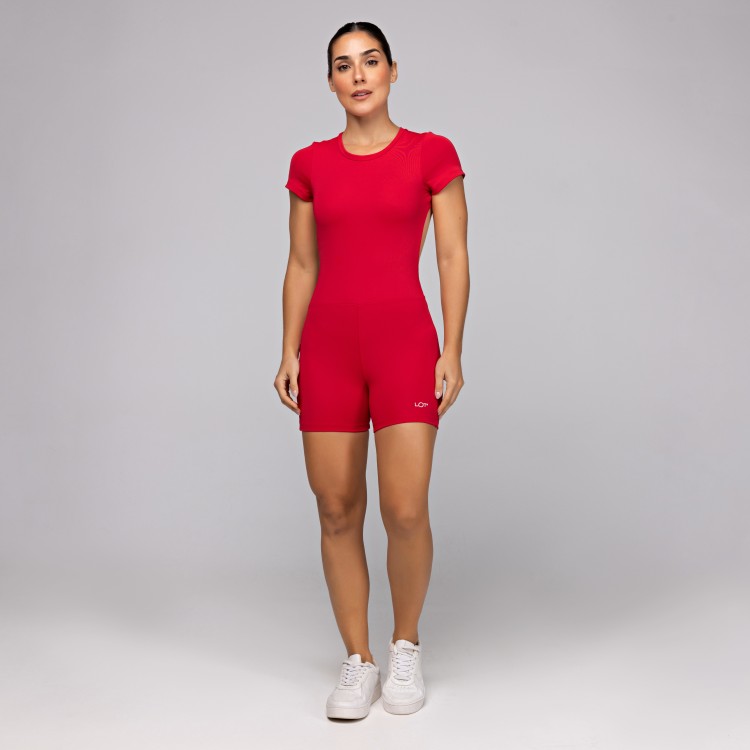 Macaquinho Vermelho Poliamida Fitness Feminino com Manga Curta