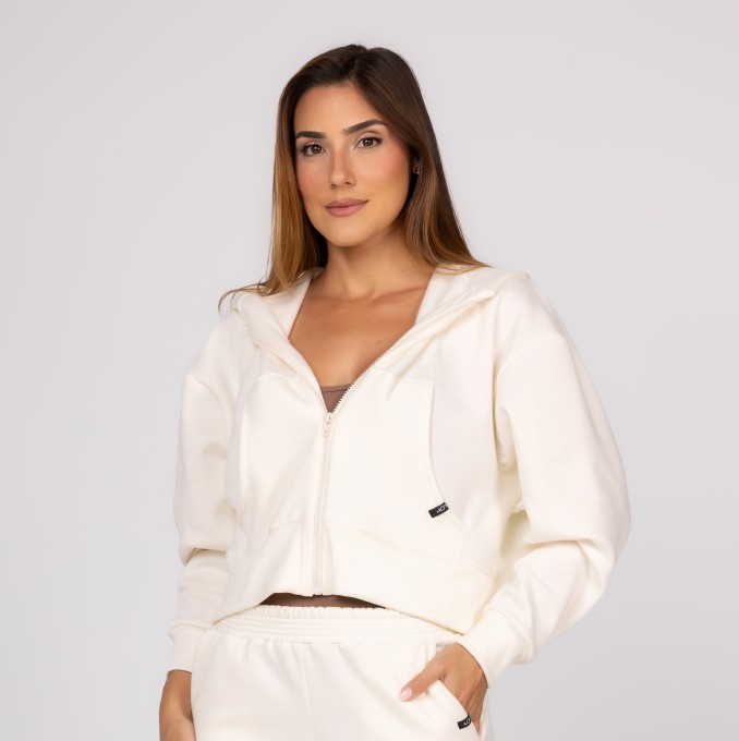 Casaco de Moletom Off White Feminino Zíper Bolso Canguru