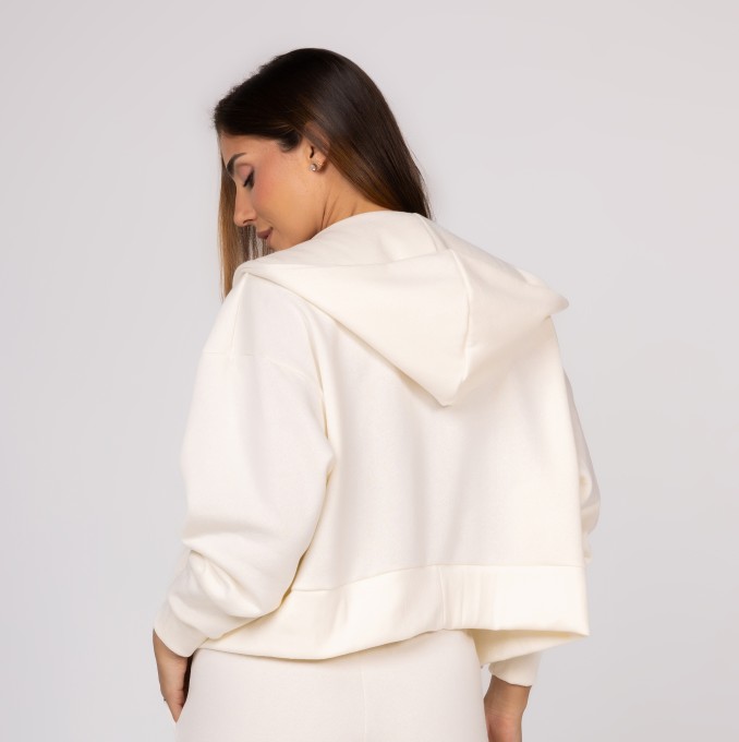 Casaco de Moletom Off White Feminino Zíper Destacável Bolso Canguru