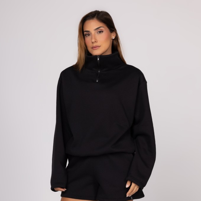 Casaco de Moletom Preto Feminino Fechado Zíper Curto