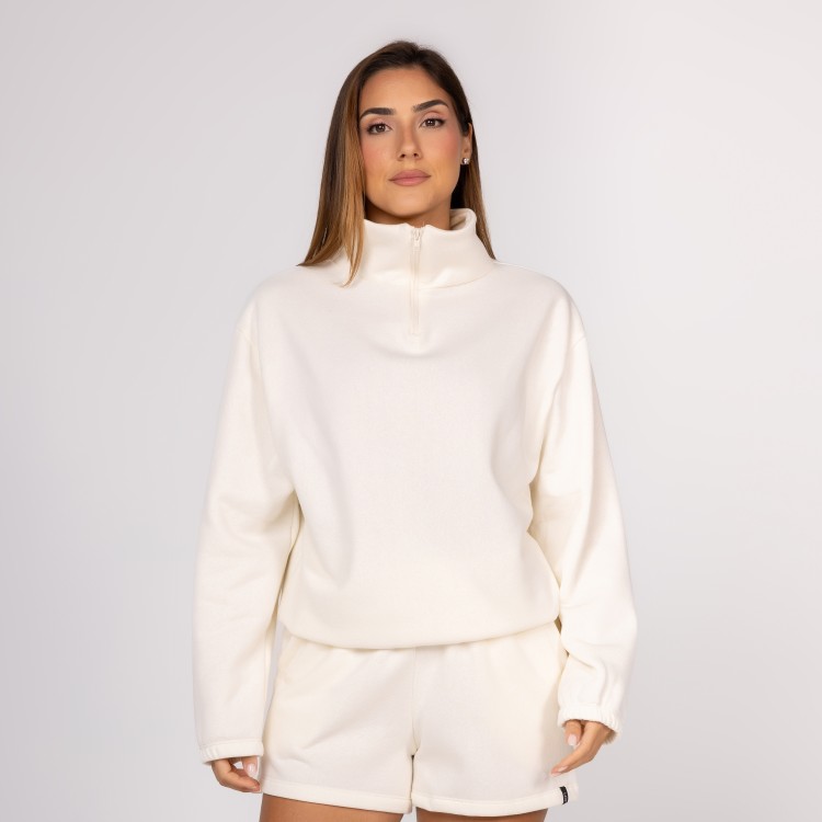 Casaco de Moletom Off White Feminino Fechado Zíper Curto