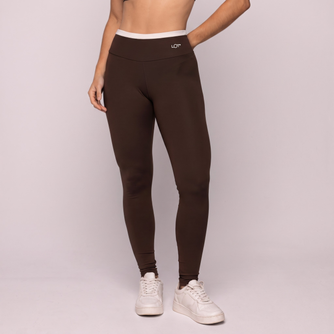 Calça Legging Café Torrado com Cós Off White Fitness Poliamida