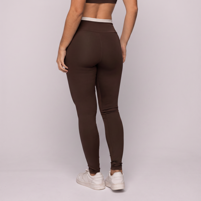 Calça Legging Café Torrado com Cós Off White Fitness Poliamida