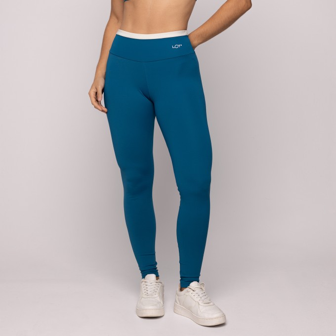 Calça Legging Azul Precioso com Cós Off White Fitness Poliamida