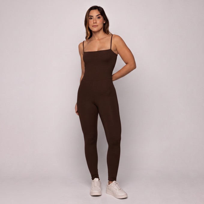 Macacão Café Torrado Fitness Esportivo Feminino Costas Abertas