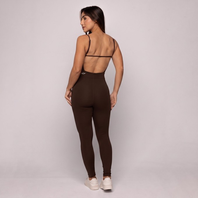 Macacão Café Torrado Fitness Esportivo Feminino Costas Abertas