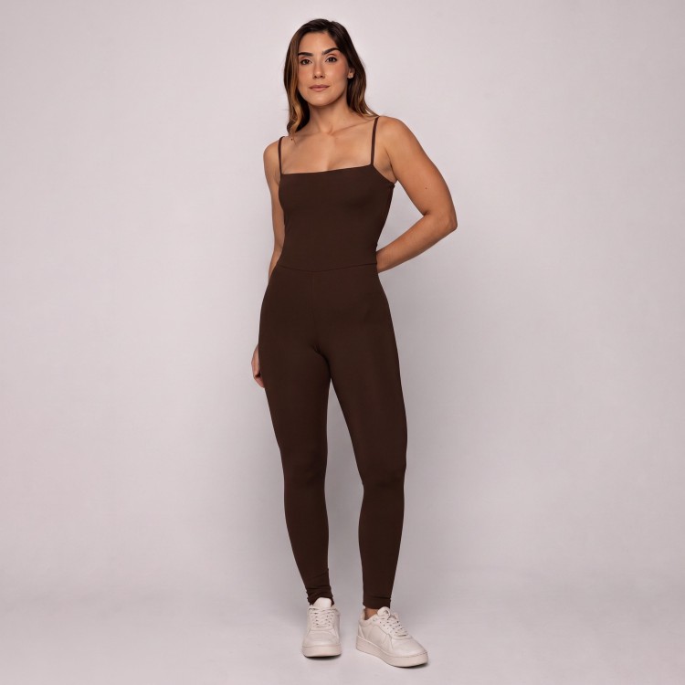 Macacão Café Torrado Fitness Esportivo Feminino Costas Abertas
