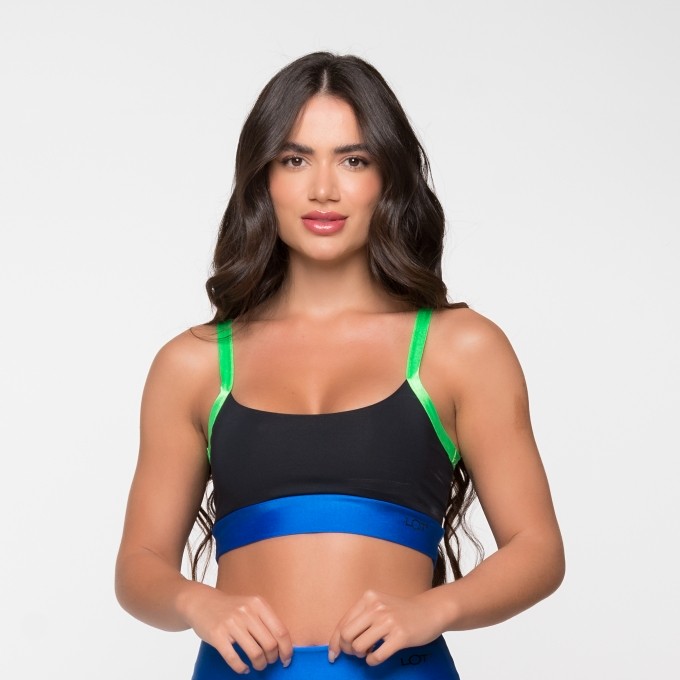 Top Fitness Poliamida preto de Alça com Detalhe Verde e Azul