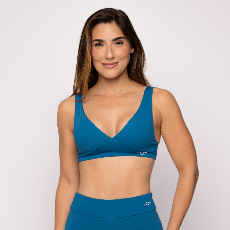 Top Poliamida Fitness Decote V Costas Aberta Azul Precioso