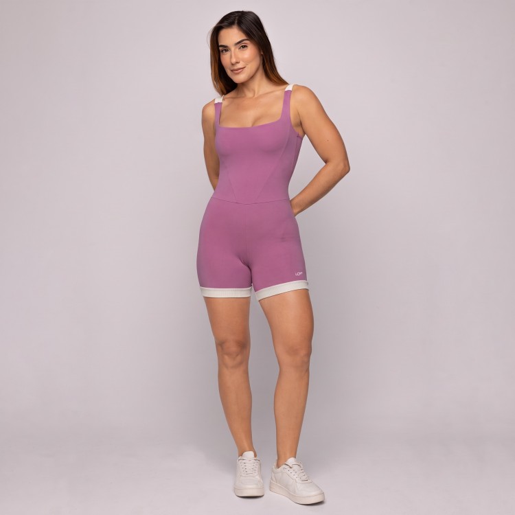 Macaquinho Poliamida Feminino Lilás com Detalhes em Off White