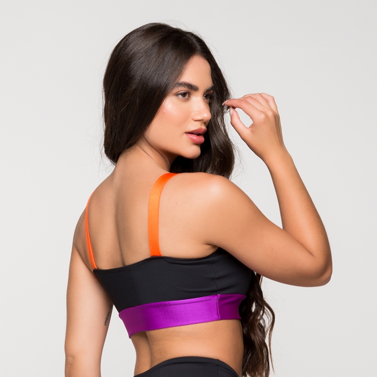 Top Fitness Poliamida Alça Larga Roxo e Laranja Paris