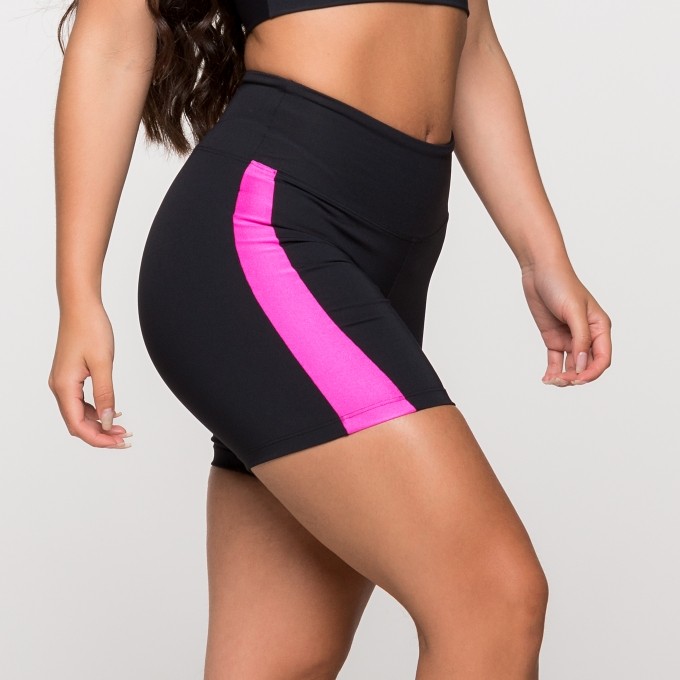 Short Fitness Poliamida Preto com Faixa Rosa Tóquio