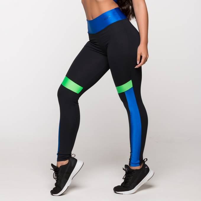 Calca Legging Fitness Poliamida com Detalhes Azul e Verde Caribe Lot Fitness