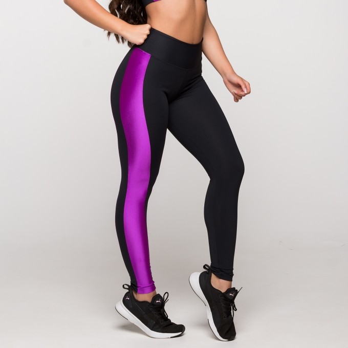 Calça Legging Poliamida com Faixa Lateral Roxa Havaí