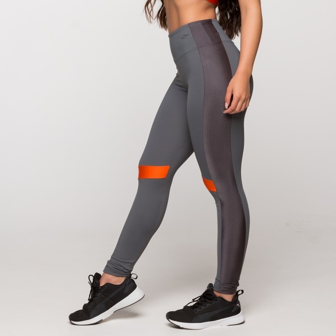 Calça Legging Poliamida com Faixa Chumbo e Detalhe Laranja Itália