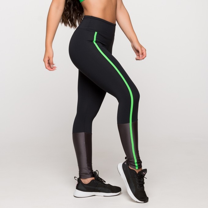 Calça Legging Poliamida com Listra Verde e Detalhe Chumbo Roma