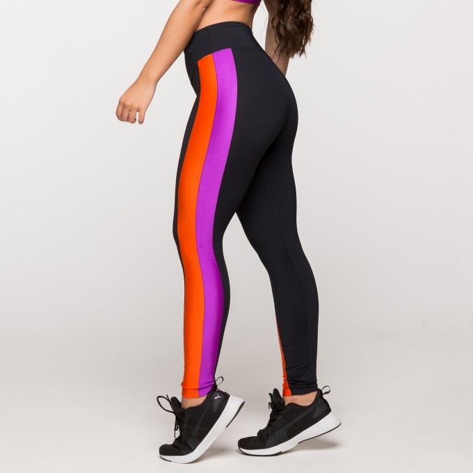 Calça Legging Poliamida com Faixas Laranja e Roxo Paris