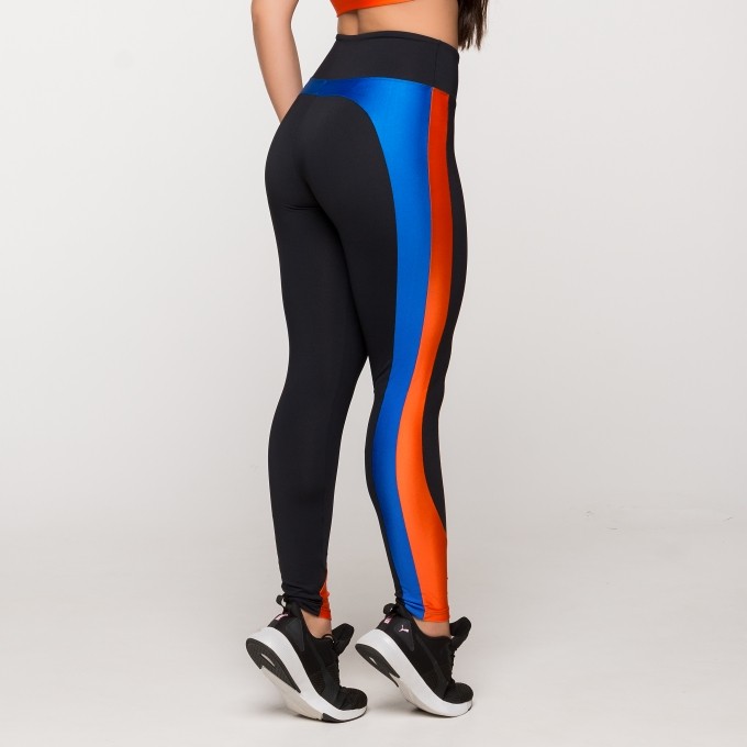 Calça Legging Poliamida Montaria com Faixa Azul e Laranja Londres