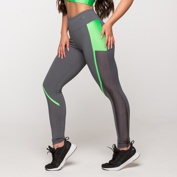 Calça Legging Poliamida Academia Grafite com Verde Miami