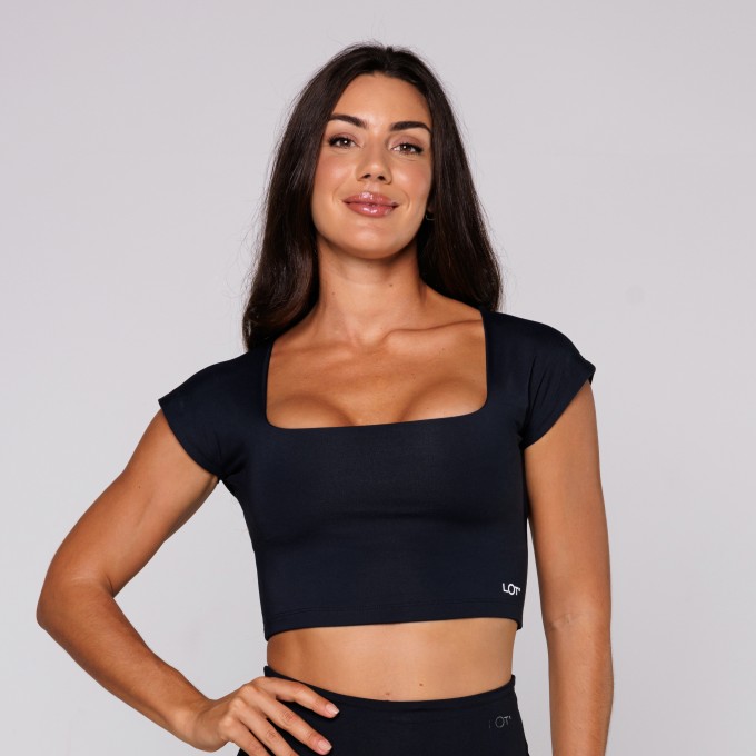 Top Poliamida Feminino Costas Aberta Decote Quadrado Preto