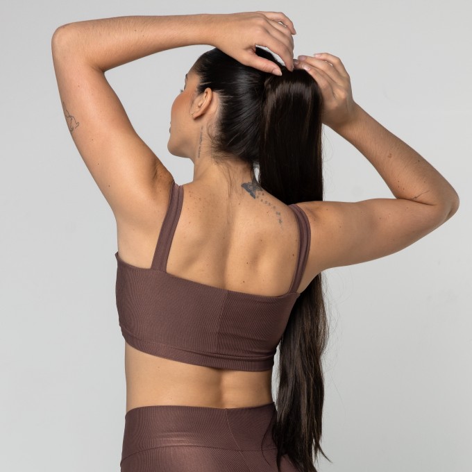 Top Feminino Marrom Fitness Poliamida Academia Decote Reto