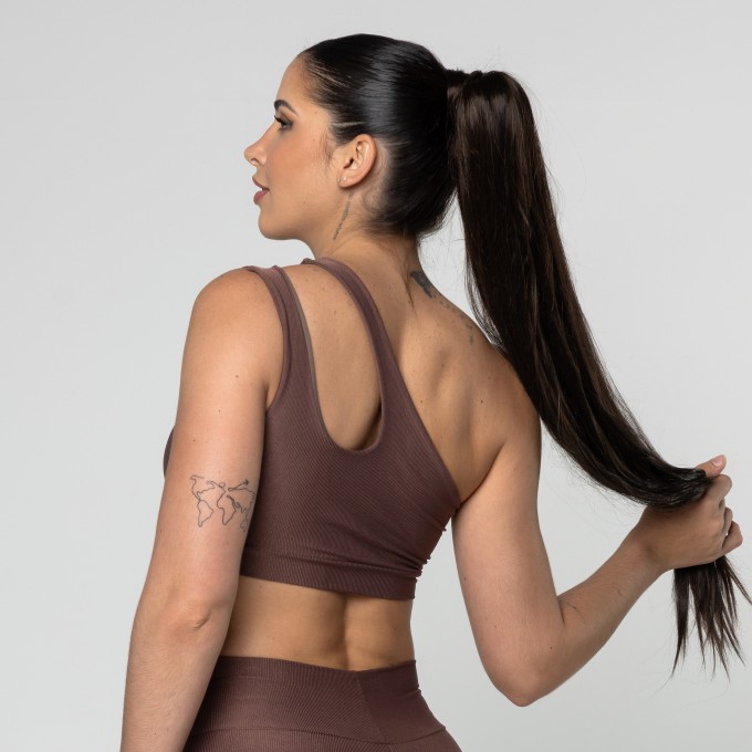 Top Feminino Marrom Fitness Poliamida Academia Ombro Só Gota