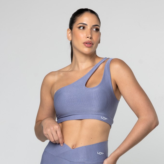 Top Feminino Azul Jeans Fitness Poliamida Academia Ombro Só Gota