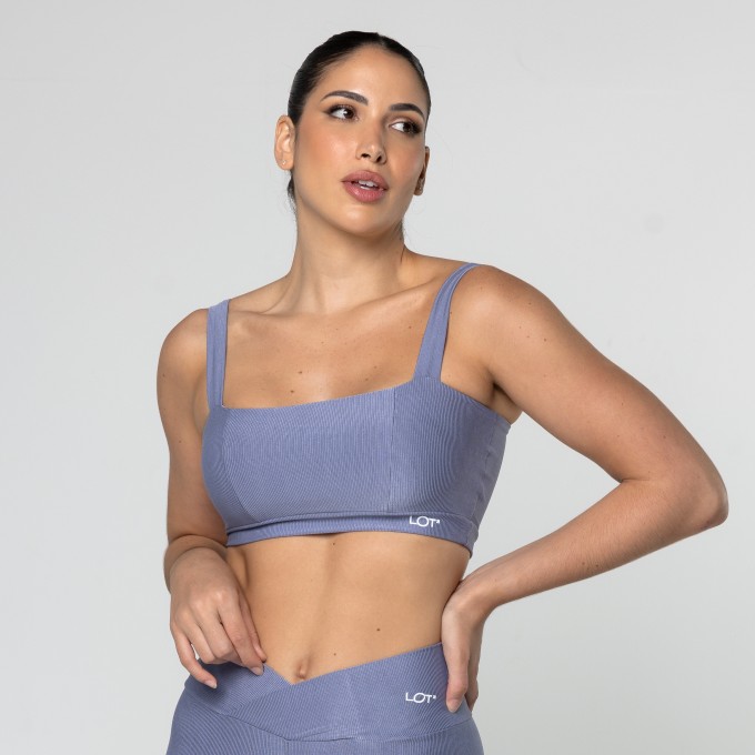 Top Feminino Azul Jeans Fitness Poliamida Academia Decote Reto